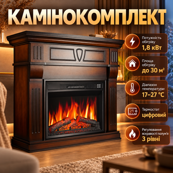 Каминокомплект 1800 Вт до 30 м² махагон коричневый антик с порталом Электрокамин пристенный LED-пламя с пультом