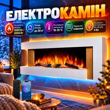 Електрокамін ArtiFlame Fjord AF52 2000 Вт до 30 м² з 3D-ефектом полум’я Wi-Fi та пультом Настінний обігрівач з термостатом декоративними полінами і камінням