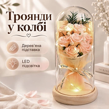 Букет троянд у колбі Lesko Light Pink з LED-підсвіткою нічник на батарейках