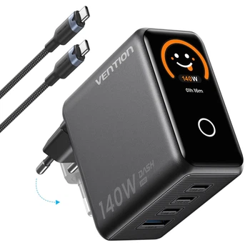 Сетевое зарядное устройство для телефона GaN 140W с дисплеем на 4 порта 3USB-C + USB-A Vention DASH PRO GaN5.0 Charger with Smart Display Titanium Gray