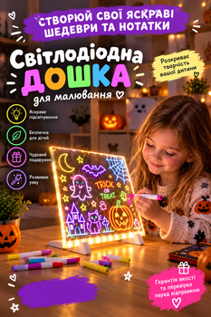 Світлодіодна акрилова LED-дошка для нотаток і малювання 20x20 см,маркери в комплекті