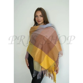 Нежный кашемировый палантин с цветными квадратами Braxton 7027 70 х 180 желтый + бордовый + розовый + голубой