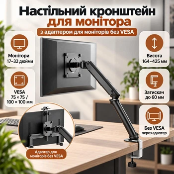 Настільний кронштейн для монітора 17–32″ з адаптером для кріплення без VESA