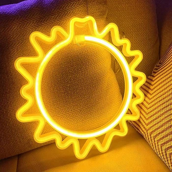 Неоновый LED светильник «Солнце» жёлтый на батарейках/USB 22х23 см