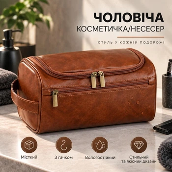 Мужская косметичка несессер Simple Органайзер для хранения средств по уходу за телом Дорожная сумка с 3 отделениями и крючком Коричневая