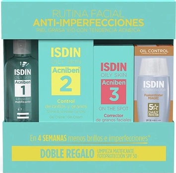 Zestaw do pielęgnacji twarzy Isdin Acniben Krem-żel 40 ml + Żel do mycia twarzy 50 ml + Żel korygujący 15 ml + Krem przeciwsłoneczny Spf 50 10 ml (8429420325111)