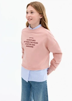 Світшот для дівчинки Mango рожевий 152 трикотаж двонитка без утеплення укорочений з написом