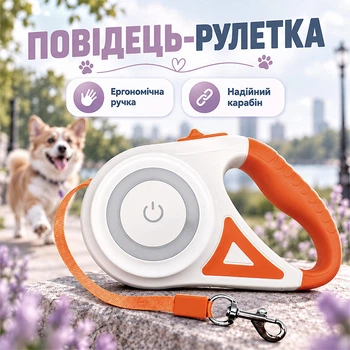 Поводок-рулетка для собак DT868 со встроенным LED фонариком и подсветкой 5 метров (Orange)