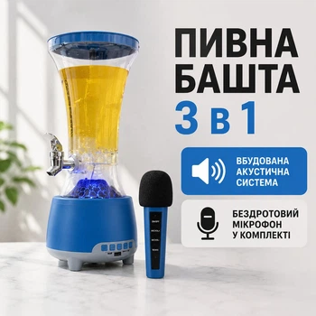 Синя пивна вежа SPK-H01 з краном для розливу алкогольних напоїв і бездротовим мікрофоном для караоке та святкових заходів, пивний диспенсер на 2 літри з Bluetooth і RGB-підсвічуванням для вечірок у барі та вдома