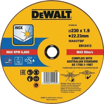 Круг отрезной DeWALT INOX, нержавеющая сталь/листовой металл, 230х1.9х22.23 мм (DT43909)