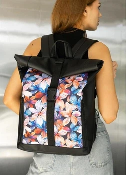Женский городской рюкзак RollTop Sambag One Flowers для ноутбука до 16–17 дюймов из экокожи, черный с цветочным принтом 60566