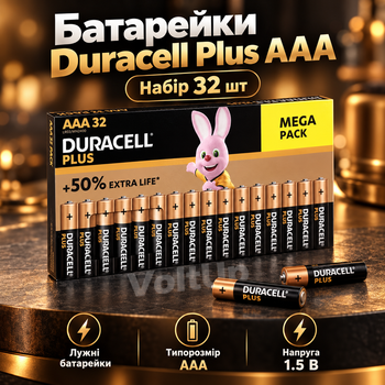Щелочные батарейки Duracell Plus AAA LR03 MN2400 1.5 В набор 32 шт для пультов фонариков и электроники