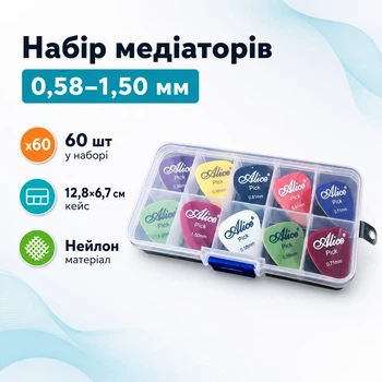 Медіатор для гітари Alice 60шт нейлон 0.58-1.5мм в кейсі 670107