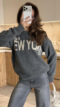 Светр жіночий сірий в'язаний базовий New York графіт з надписом Oversize (405537)