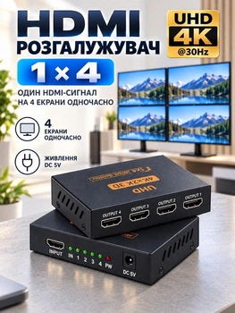 Розгалужувач відеосигналу 1x4 HDMI 4K дублювання сигналу на 4 виходи спліттер розподільник UHD 3D 30Hz для телевізора монітора проектора ПК ноутбука ТВ приставки з живленням DC 5V