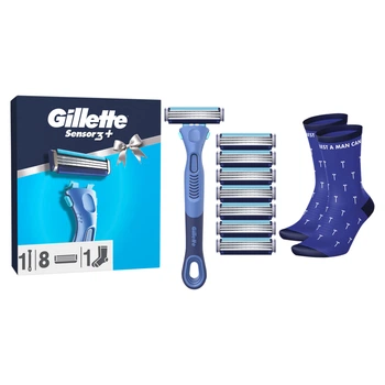Подарунковий набір: Станок для гоління чоловічий (Бритва) Gillette Sensor3+ Comfort з 8 змінними картриджами + Шкарпетки