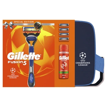 Подарунковий набір UEFA Champions League Special Edition: Станок Gillette Fusion5, Гель для гоління Gillette 200 мл, Косметичка