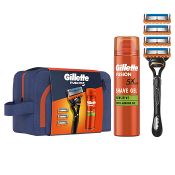 Подарунковий набір: станок для гоління Gillette Fusion5 з 4 картриджами, Гель для гоління Gillette Fusion5 200 мл + Косметичка