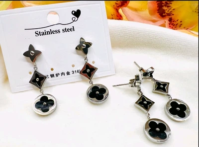 Сережки Stainless Steel медична сталь багаторівнева геометрична сріблясто-чорні