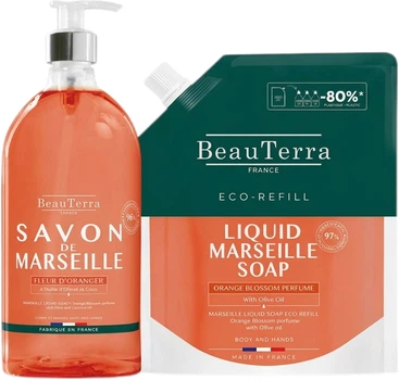 Набір BeauTerra Savon De Marseille Fleur D'Oranger Рідке мило 1000 мл + Змінний блок Рідке мило 1000 мл (3770008168237)