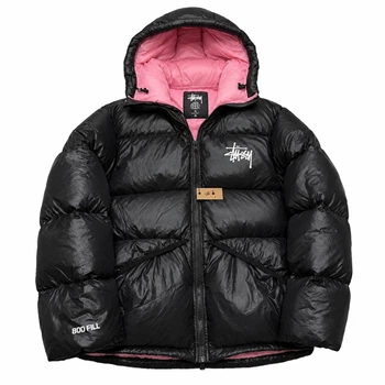 Пуховик / Куртка Stussy чорного кольору з рожевою підкладкою з капюшоном, розмір XS