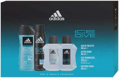 Набір для чоловіків Adidas Ice Dive Парфумована вода 100 мл + Дезодорант 150 мл + Гель для душу 250 мл + Лосьйон після гоління 100 мл (3616305886743)