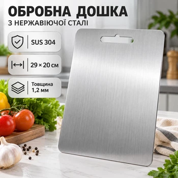 Обробна двостороння дошка з нержавіючої сталі SUS 304 29×20 см, товщина 1,2 мм, з ручкою