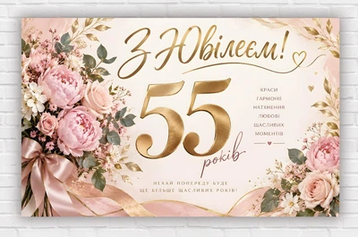 Бумажный плакат "С юбилеем. 55 лет. Пионы" 120х75 см