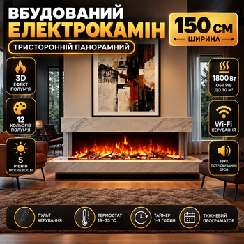 Електрокамін вбудований панорамний 150 см 1800 Вт тристоронній електричний камін з 3D полум’ям Wi-Fi обігрівом до 30 м²