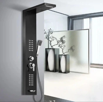 Душова панель Epelli Mega Shower Square Nero 03 з фіксованою лійкою, масажними форсунками та виливом чорного кольору