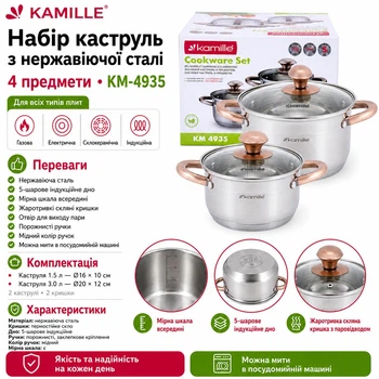 Набор кастрюль Kamille из нержавеющей стали 4 предмета (1.5 л, 3.0 л) для индукционных и газовых плит KM-4935