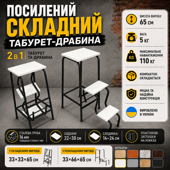 Стілець драбина трансформер складний табурет для кухні будинку табуретка сходи складна на кухню стільці драбини кухонні табурети трансформери 3 щаблі, дерев'яний, побутовий, універсальний, багатофункціональний, компактний, розкладний поміст Білий