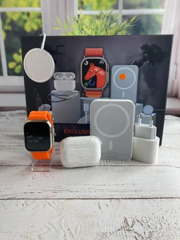 Подарунковий набір 6 в 1 Смарт годинник SmartWatch Ultra бездротові навушники повербанк блок живлення бездротовий зарядний пристрій