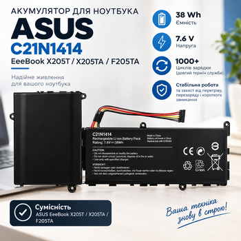 Акумулятор C21N1414 для ASUS EeeBook X205T/X205TA/F205TA — 38Wh, 7.6V, 1000+ циклів