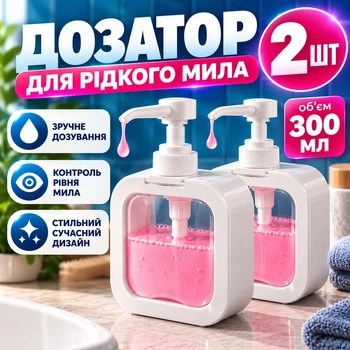 Дозатор для рідкого мила 2шт 300 мл диспенсер для мила настільний механічний з помпою для ванної та кухні ємність для шампуню гелю мийного засобу багаторазовий органайзер для раковини білий прозорий
