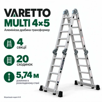 Драбина-трансформер алюмінієва VARETTO MULTI 4×5, 5,74 м, 20 сходинок