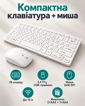 Беспроводная компактная клавиатура с мышью, 2,4 ГГц, USB-приемник, белая
