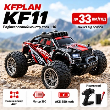 Радіокерована машинка KFPLAN KF11 1:16 4WD до 33 км/год — RC Monster Truck позашляховик, мотор RC390, пропорційне керування, LED, незалежна підвіска, АКБ 7.4V 850mAh