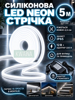 Силиконовая LED NEON лента 5 м 12В, неоновая подсветка IP65, с адаптером 220В, холодный белый свет