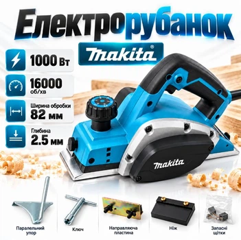 Рубанок по дереву Makita 1000 Вт сетевой ширина обработки 82 мм Глубина 2.5мм Регулировка глубины