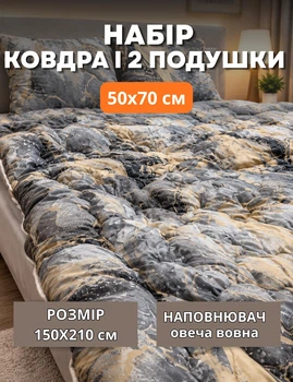 Ковдра демісезонна полуторна набір ковдра і подушки " Елегантний монохром" ковдра з овечої шерсті 150×210 см + 2 подушки 50×70 см