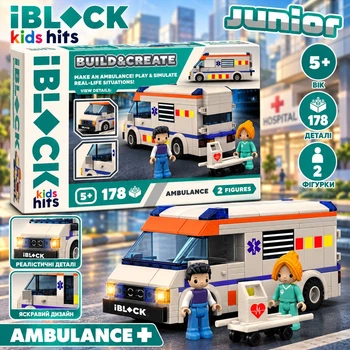 Конструктор iBLOCK Junior Швидка допомога, 178 деталей, 2 фігурки, від 5 років