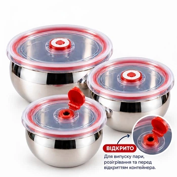 Набор контейнеров для нержавеющей стали с клапаном для выпуска пара 3 шт. 12/14/16 см, металлические емкости с крышками для хранения продуктов, пищевые судочки (35899)