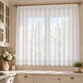 Тюль сучасний короткий з мереживом Завиток Adagio Windows Decor 2х1,6м, легка коротка зоряна фіранка з шифону