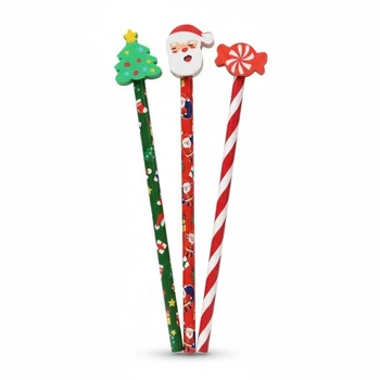 Олівець простий, дерев'яний з гумкою та стикерними фігурками Pepco Christmas 3 шт Зелений з червоним
