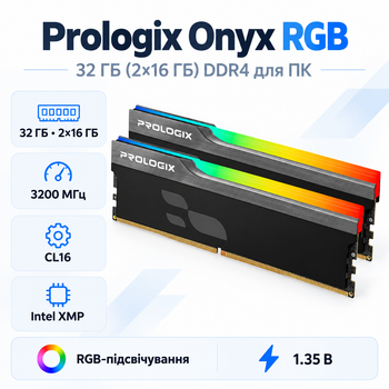 Оперативная память Prologix Onyx RGB 32 ГБ 2x16 ГБ DDR4 3200 МГц CL16 Black (PRO32GB3200YBR4K)