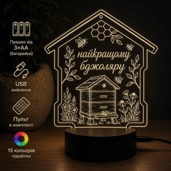 Світильник нічник 3D-лампа з пультом «Найкращому бджоляру» подарунок пасічнику та бджоляру. Світильник із Вашим текстом! (3DP245)