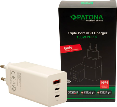 Ładowarka PATONA Premium GaN PD100W 2xUSB-C 1xUSB-A PD3.0 QC3.0 White (4055655240321)