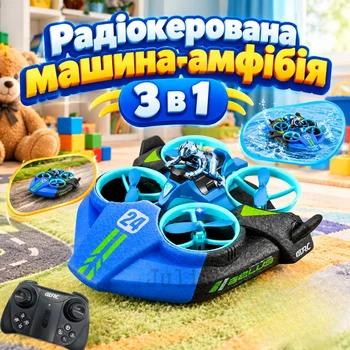Радиоуправляемая машина-амфибия 3 в 1 «Три Стихии» — вездеход, лодка, квадрокоптер (синяя)