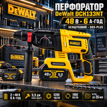 Бесщеточный перфоратор DeWalt DCH133NT аккумуляторный 48 В 6 А·ч 3,3 Дж бочковой SDS-plus 3 режима 1900 об/мин 5200 уд/мин для бетона 26 мм 2 АКБ в кейсе